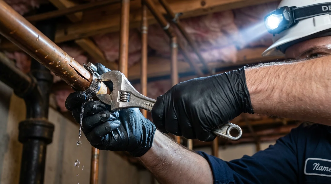 Emergency pipe clamp repair being performed by a Johns Plumbing LLC plumber in Ottawa
