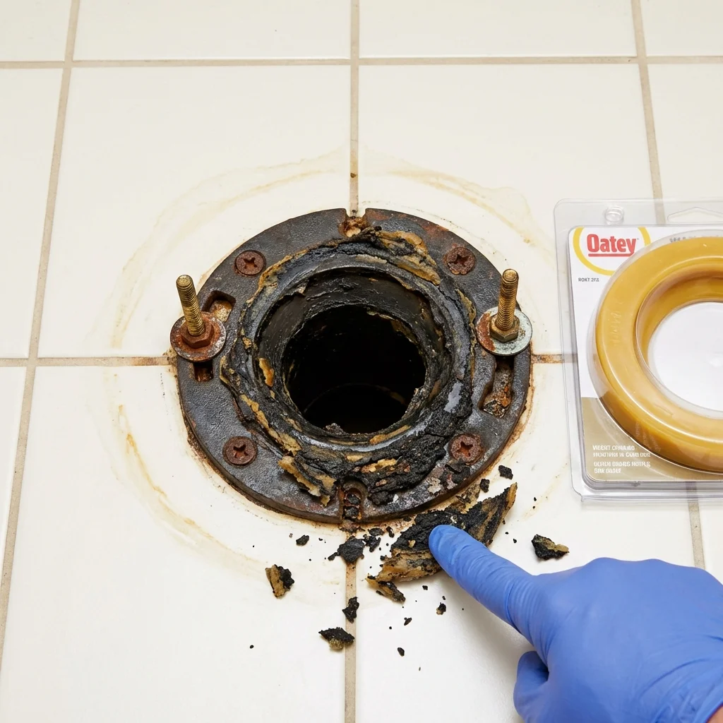 Failed wax ring showing water seepage at the base of a toilet in a Ottawa, KS home