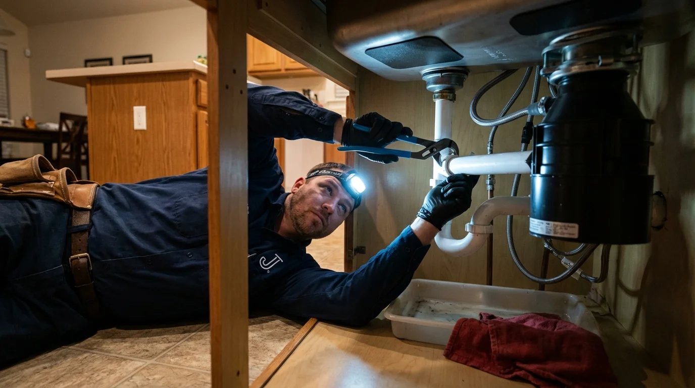 P-trap and supply line connections under a kitchen sink showing a common leak point in Ottawa, KS